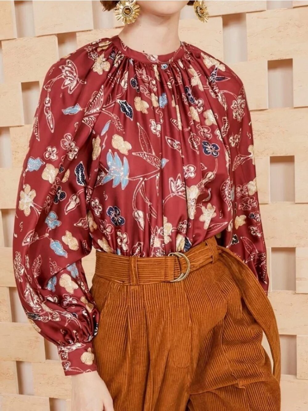 Ulla Johnson Burgundy Floral Print Gathered Neck Blouse 100% Silk Bohemian